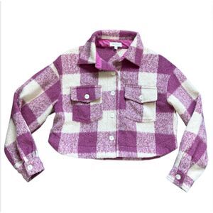 Mable Micah Brushed Fuzzy Textured Pink Plaid Crop Button Down Jacket size Small